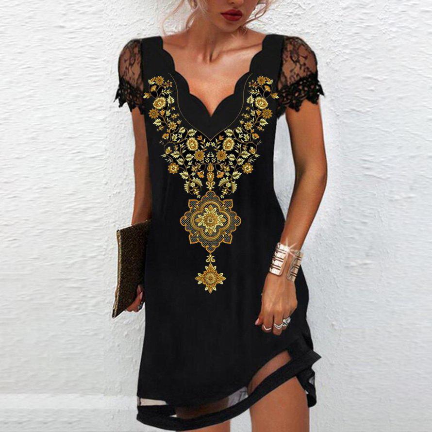 Women's Midi Dress V-Neck Short Sleeve Ethnic Style Dress Casual Gradual Print Lace Mesh Dress