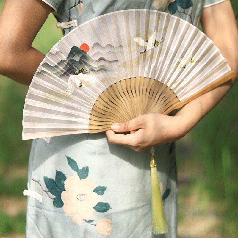 Chinese Style Cheongsam Fashion Show Folding Fan, Elegant and Retro Style Hanfu Dance Folding Fan for Women