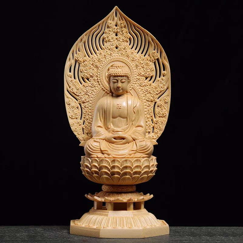 Solid wood carving Lotus Shakyamuni Buddha Statue Handmade- Chinese Buddha statue Suitable for home living room office ornaments