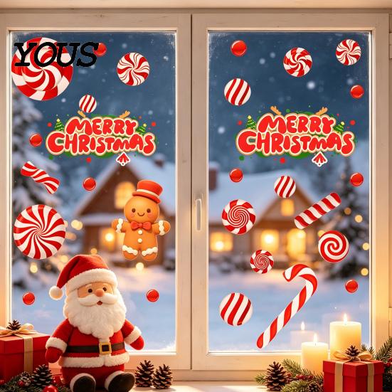 Holiday Candy Pattern Decorations Christmas Static Window Clings for Glass, Decorations, Gingerbread Man Decorative PVC Stickers Windows Cane