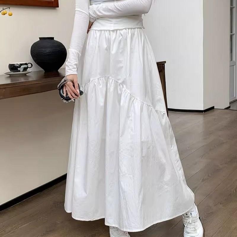 Spring New Elastic High Waist Fashion Loose Long Skirts Women Pleated Patchwork Summer A-line Skirt Female Elegant Temperament Simple Lady Skirt 26290