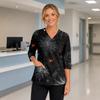 Womens Halloween Print V Neck Medical Scrub Top with Side Slits Three Quarter Sleeves and Front Pocket Nurse Uniform Shirt