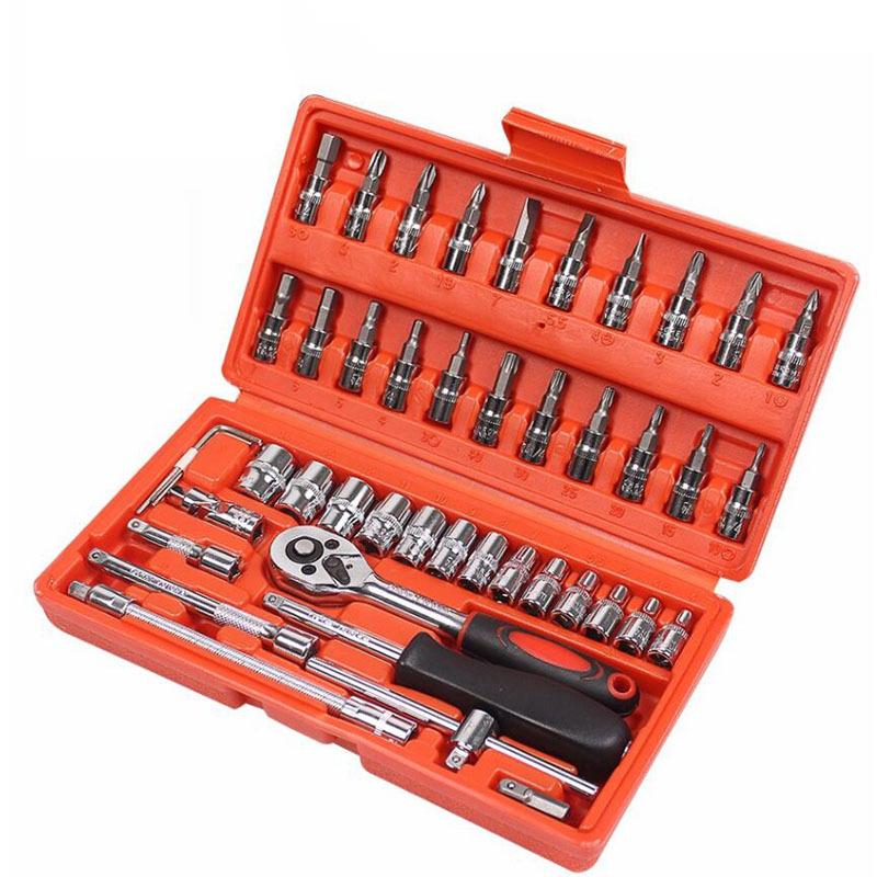 Oem46-piece Multi-functional Car Repair Tool Kit Hand-powered Ratchet Socket Wrench Set Mechanical Repair Tools (Red,46&Bicycle Repairing Tool Set)