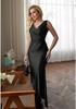 Vestido Satinado de Color Sólido Europeo y Americano Delgado con Abertura y Diseño ceñidor de Cintura