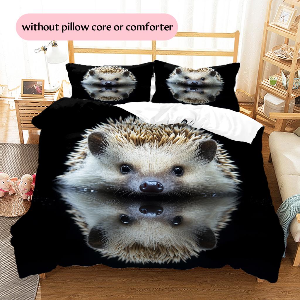 Black Hedgehog Pattern Bedding Home Decoration Birthday Gift (1 * Duvet Cover + 2 * Pillowcase, Without Core)