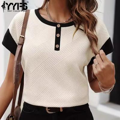 Blusas y camisas de manga corta con cuello redondo y estampado de bloques de color para mujer, informales, a la moda, para verano y primavera