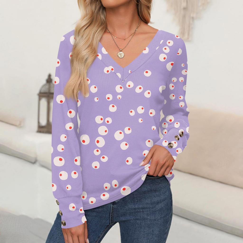 Damen Tops Blumendruck Langarmshirt V-Ausschnitt Casual Loose Tee Herbstkleidung