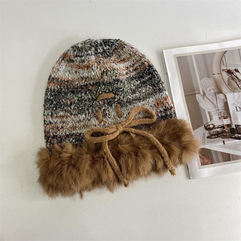 Niche Mixed-color Rabbit Rough Edge Warm Big Head Circumference Knitted Hat Women's New Autumn and Winter Design Sense Strap Headgear