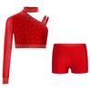 Třpytivý crop top na tanec s kamínky pro dívky: Šortky s nepravidelným ramenem a V-předním pasem pro taneční vystoupení