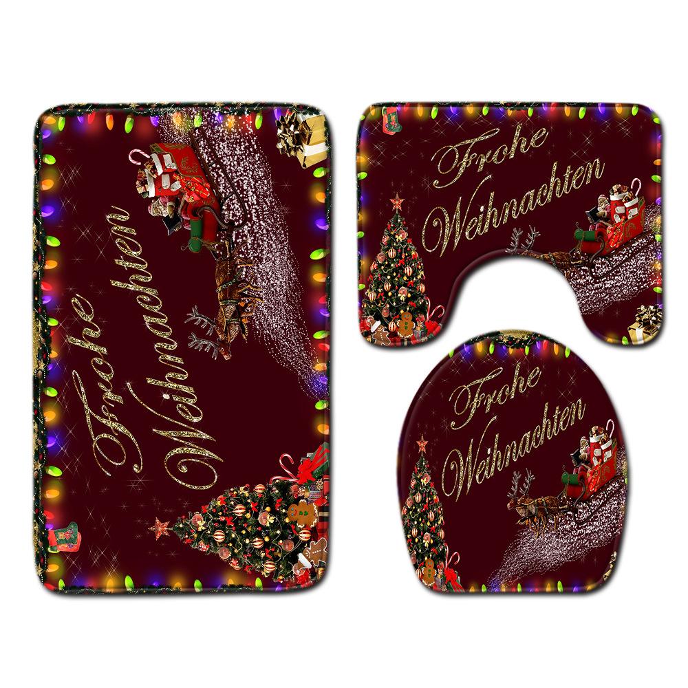 Christmas Shower Curtain Floor Mat Combination Four-Piece Set Bathroom Toilet Carpet Shower Room Mat Foot Mat