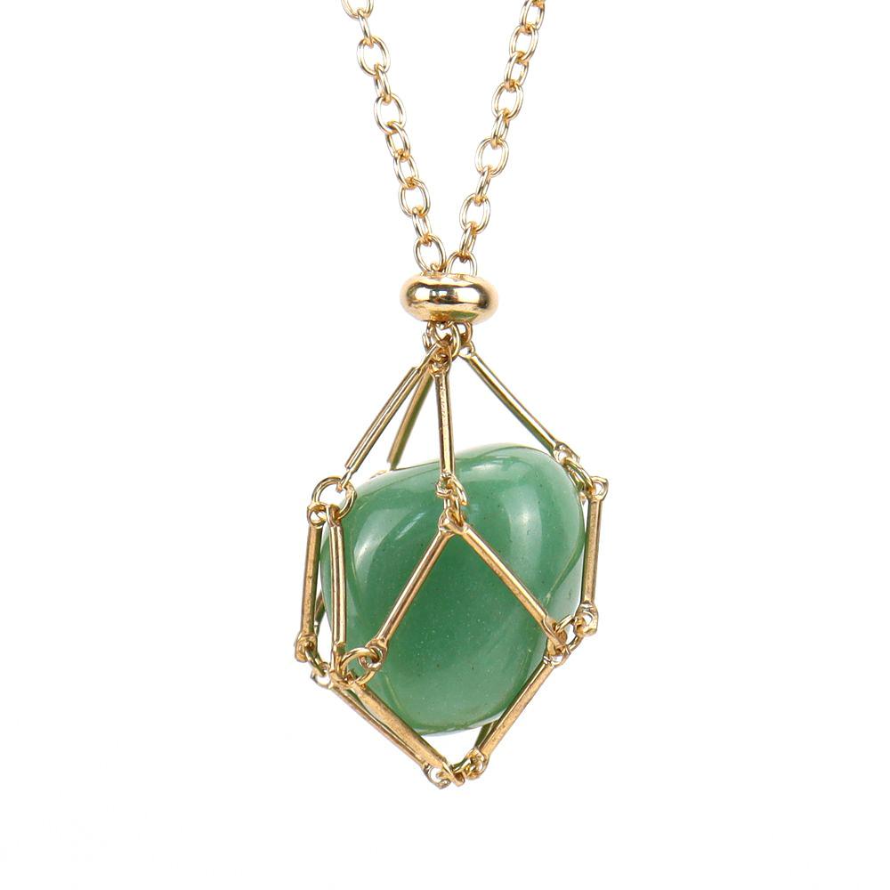 Crystal Rough Stone Handmade Adjustable Stainless Steel Metal Bamboo Mesh Pocket Necklace Woven Pendant N683