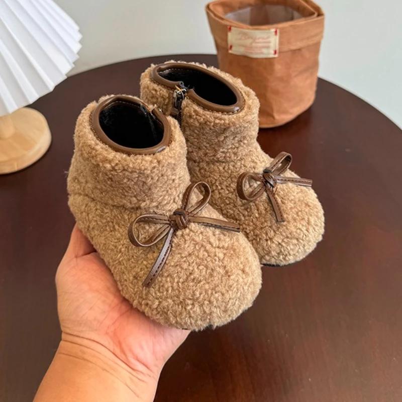 2024 Winter Neue Kinder Ballerinas Fellüberzug Zehenbereich Leicht Warm Kinder Mode Schleife Freizeit Mary Jane Schuhe