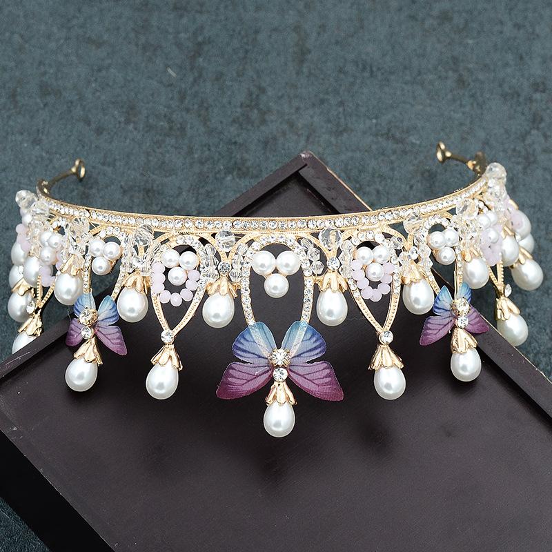 Colorful butterfly pearl tiara bridal crown children's performance hair accessories birthday party crown handmade bridal jewelry