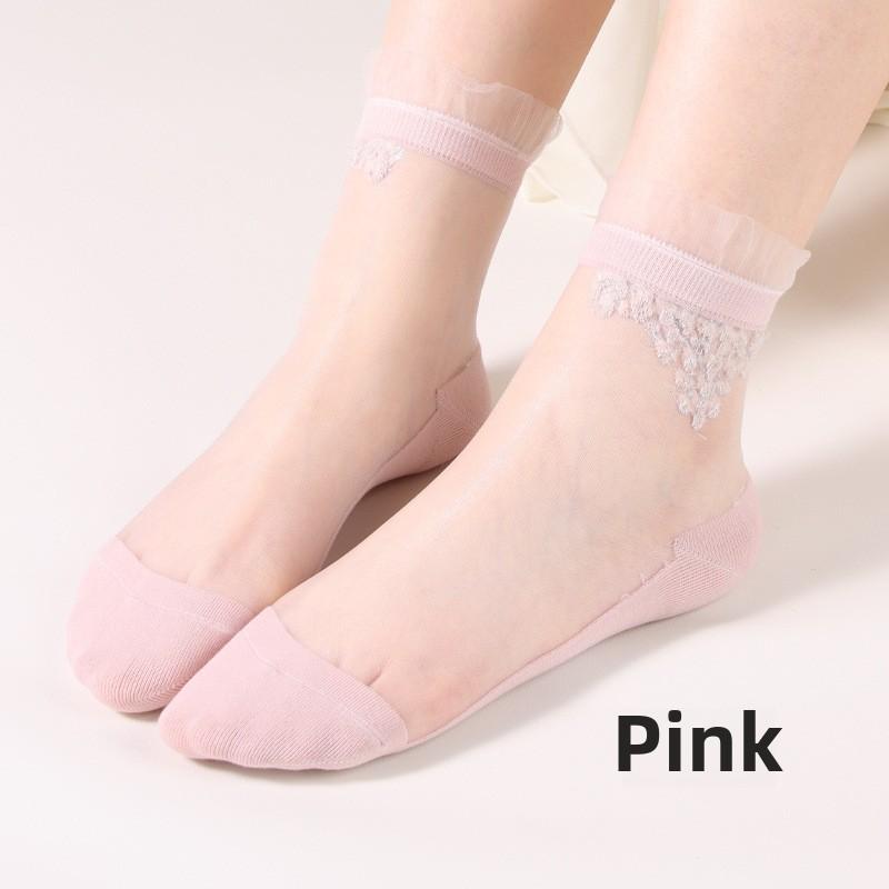 5 Paar Mode Transparente Kristallseide Damen Socken Perlenblume Kristallseide Damen Socken Kristallseide Jahr Damen Socken