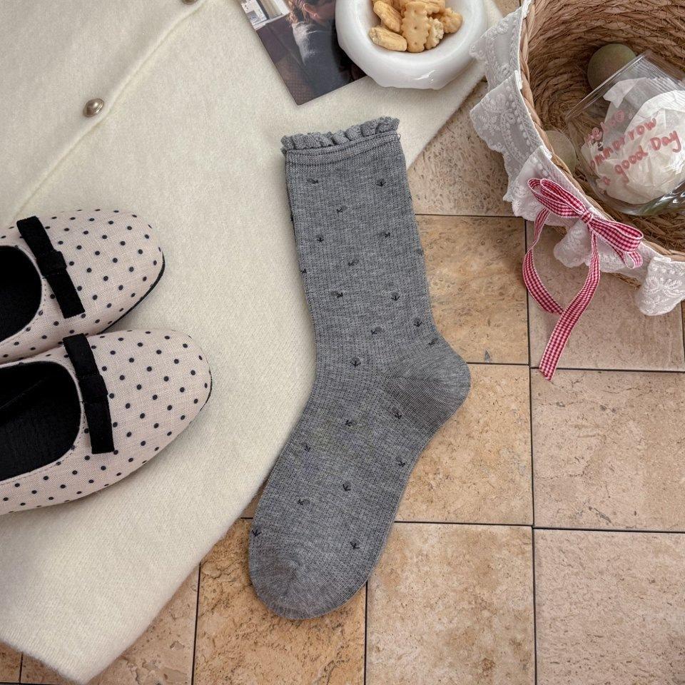 Women Spring Autumn Winter Cotton Socks,Floral Lace Calf Socks,Breathable Vertical Strip Thin Medium Tube Boneless Versatile Casual Socks