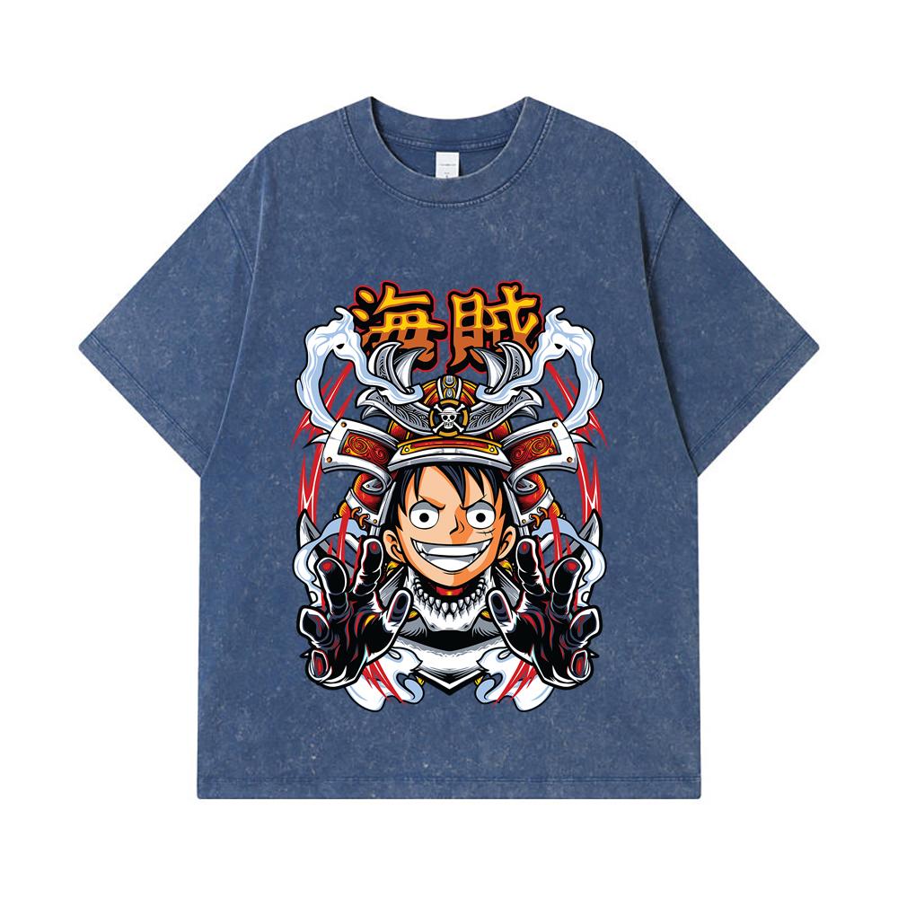275 GSM Washed T-shirts 100% Cotton One Piece V70 Luffy Samurai Print Unisex Heavy Cotton T Shirt