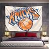 Bold "Knicks" Text with Orange and Blue Basketball Splatter Design. Patterned Tapestry for Bedroom and Living Room Home Decor