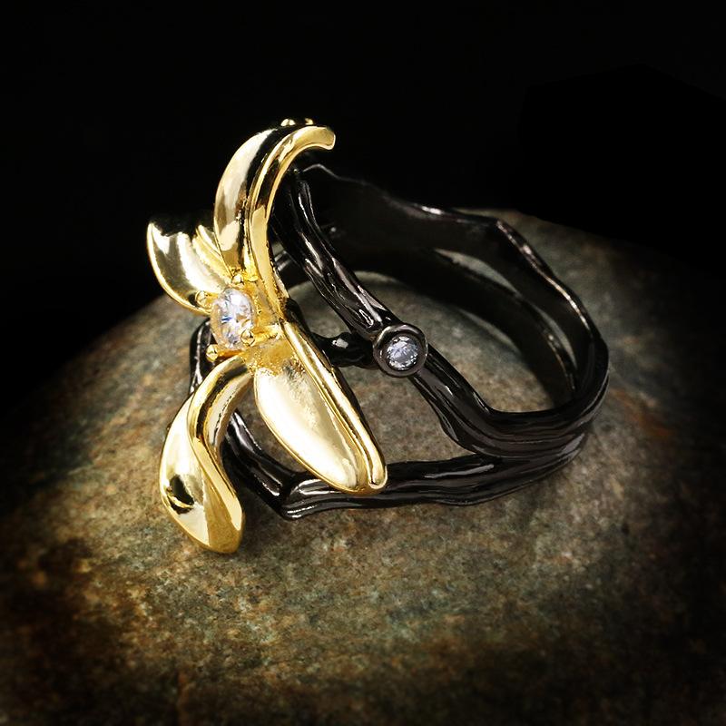 Elegant Exaggerated Big Flower Black Gold Wedding Band Rings for Women Noble  Sterling Silver Bohemia Cocktail Rings Jewelry