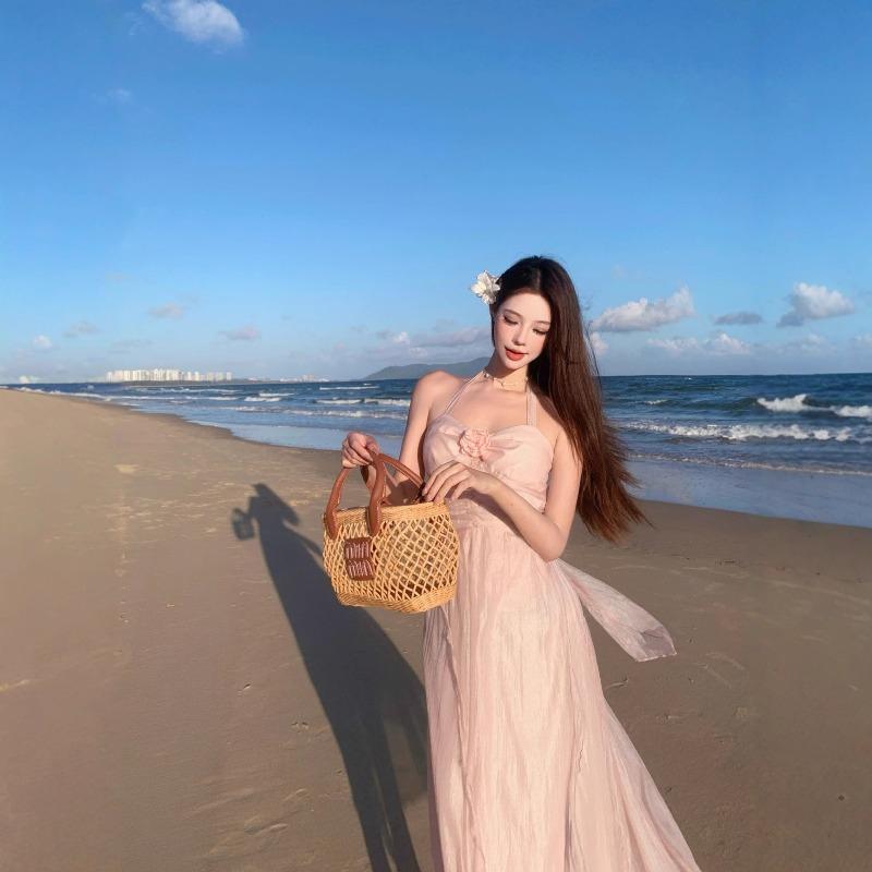 Pink Sexy Suspender Neck Halter Princess Fairy Vacation Dress Summer Seaside Photo Fairy Long Skirt