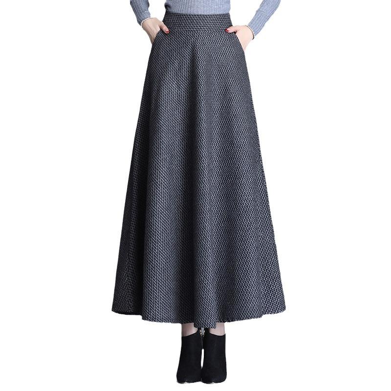 Koreanischer Stil Herbst/Winter Wollrock für Damen Elegant Kariert Ausgestellter Rock mit Elastischem Bund und Taschen