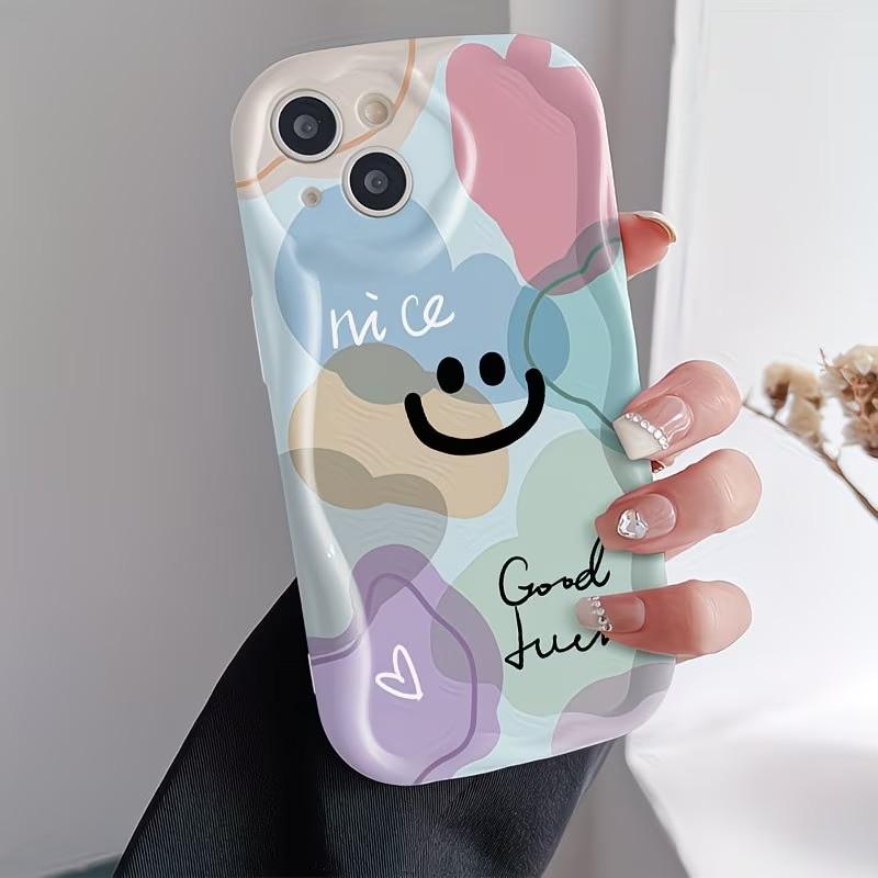 Phone Case For iPhone 17 16 15 14 13 12 11 Pro Max Plus 17e 16e Minimalist Happy Smiley Face Design Soft Curly Wave Edge Cover