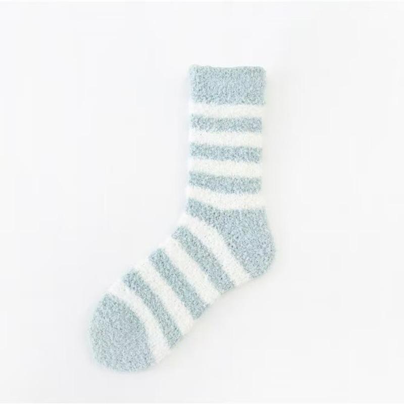 Autumn and winter women's striped coral fleece medium tube socks thickened thermal home floor socks women