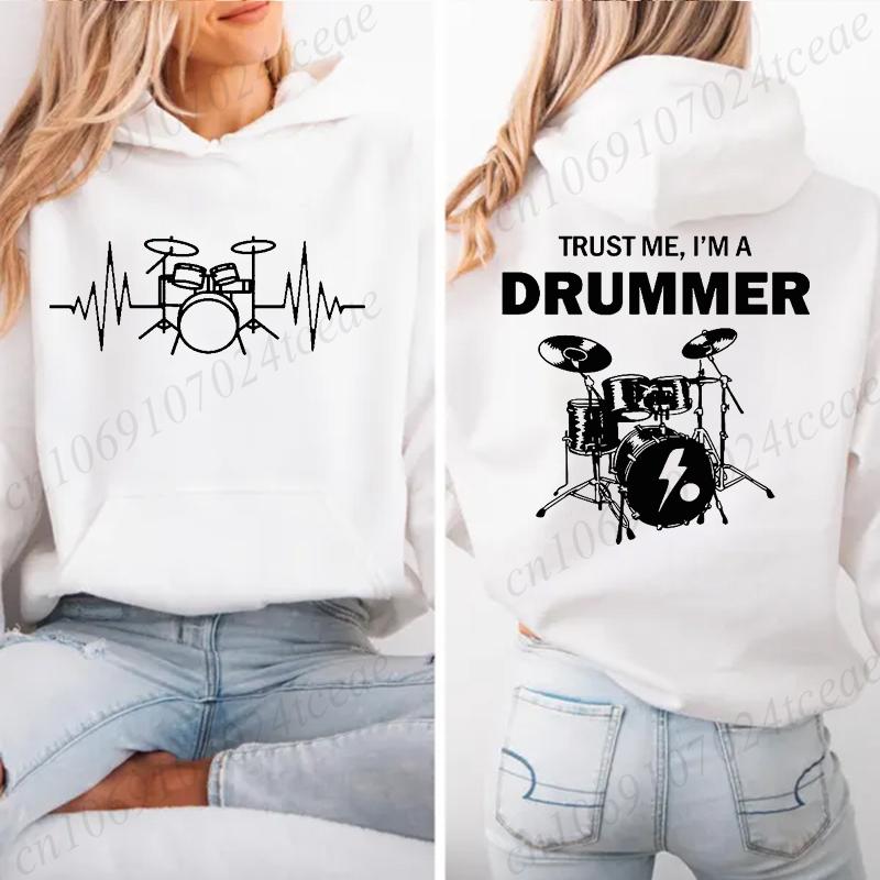 Autumn Fleece Hoodie Drum Heartbeat Print Hooded Drummer Fashion Sweatshirt Long Sleeve Top Drumming Music Musician Band Hoodies