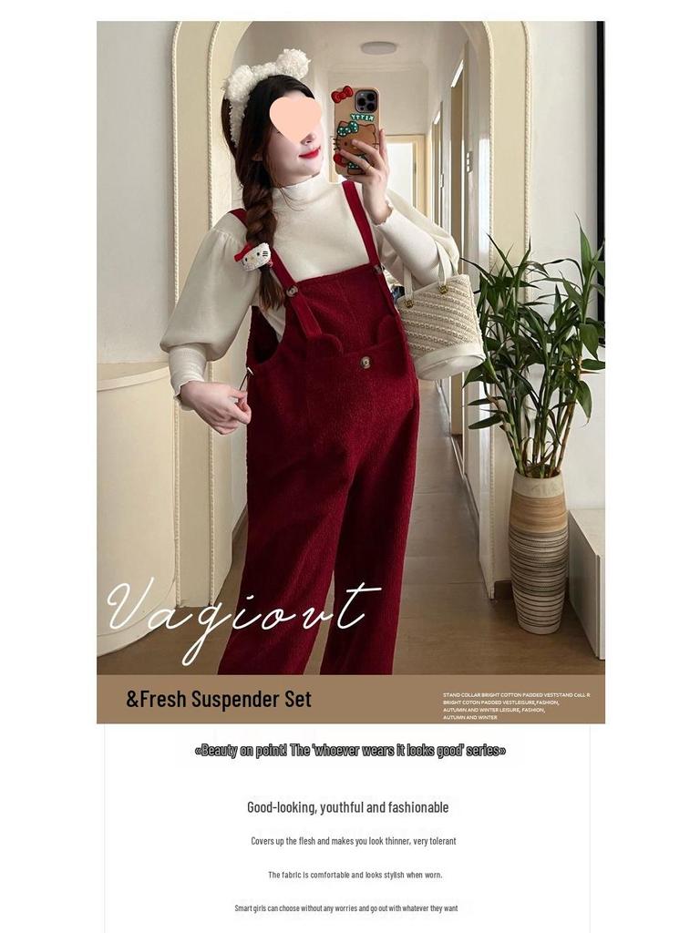 Adjustable Drawstring Maternity Overalls Set with Bubble Sleeve Top for Fall & Winter