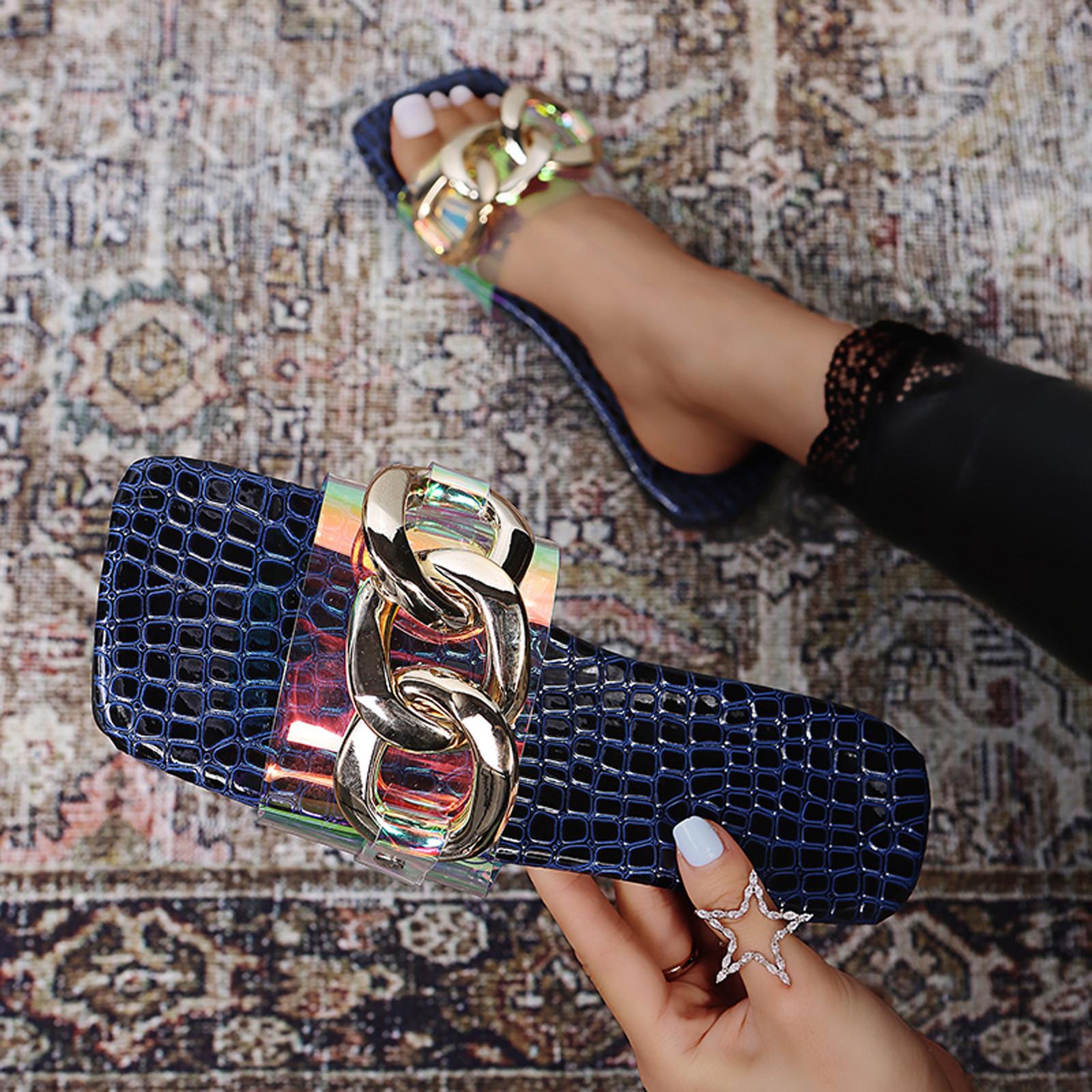 

Женская обувь, летние новые тапочки на платформе с металлическим украшением и разноцветным узором 42 тёмно-синий