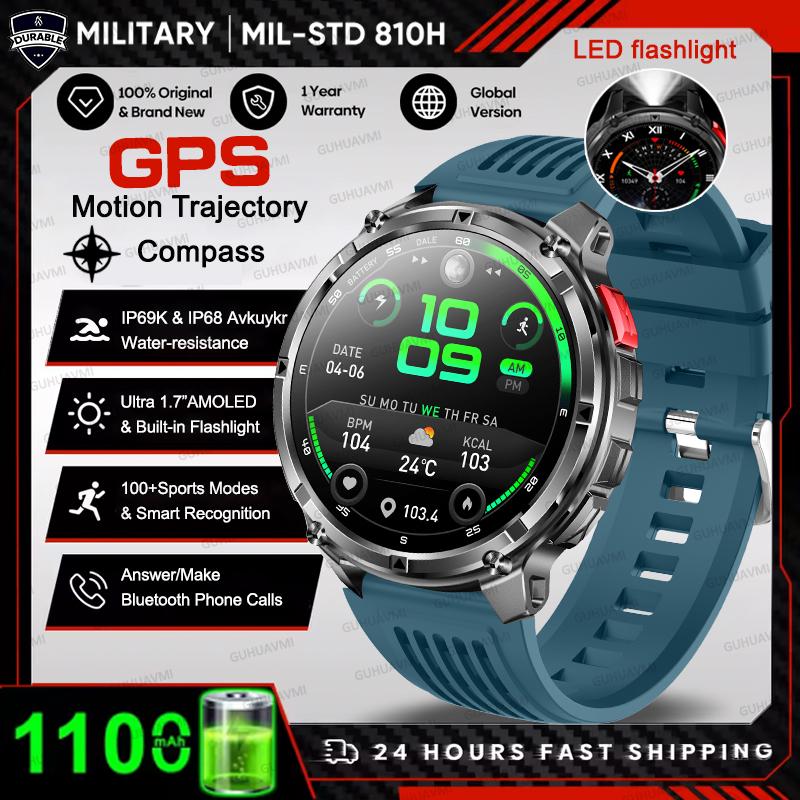 1100mAh Large Battery Durable Adult Smart Watch GPS Strong Flashlight 10ATM Waterproof BT Call Sport Smartwatch Men