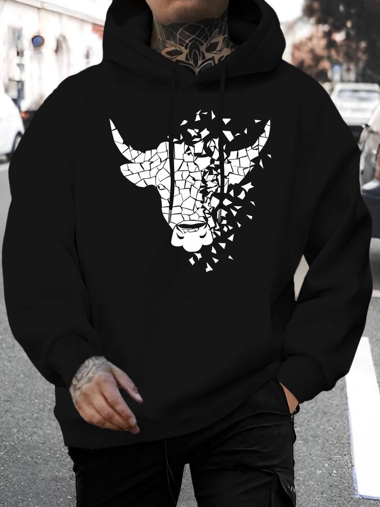 unisex Casual Versatile Style Fashion Hoodie, New Unique Design with Bull Head Graphic Print - Casual Pullover, Kangaroo Pocket, Stretch Fabric, Perfe