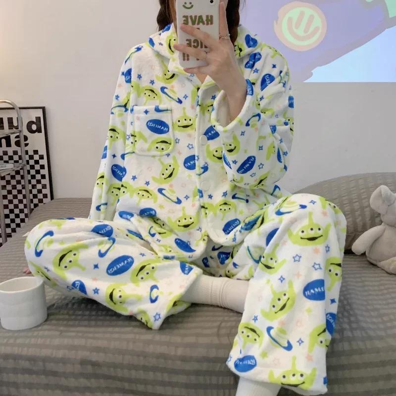 

Pajamas Winter Women s Suit New Clothing Lapel Warm Two-piece Set Cartoon Disney Home Clothes Three-eye Women s Pajamas M