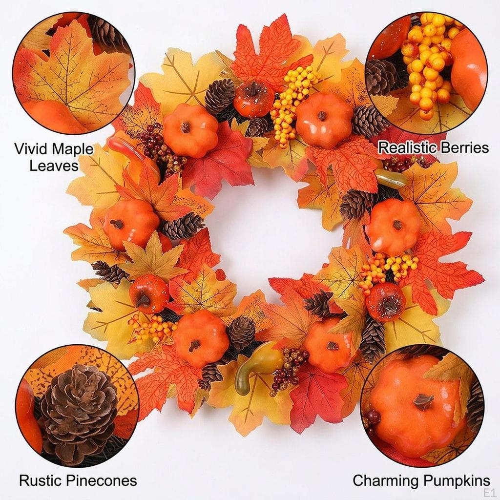 Fall Wreath, Artificial Maple Leaves Decor with Fake Pumpkins, Holiday Home Decoration for