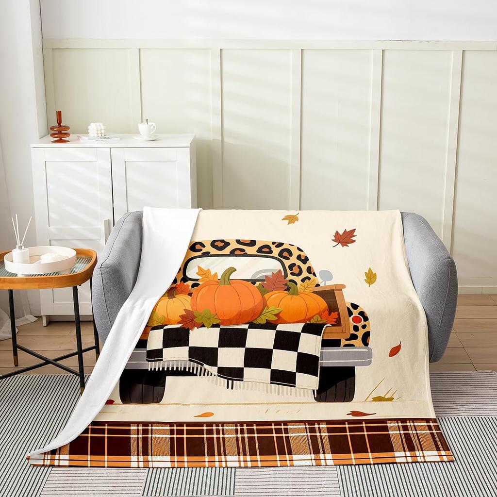 GUOYU Blanket Fall Pumpkin Harvest Fleece Flannel BlanketRustic Maple Autumn Leaves Bed Plush Blanket for Rustic Home DecorHarvest Patchwork