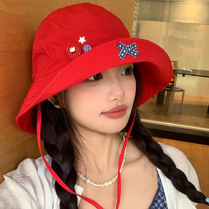 Cute red bow button quick drying bucket hat women's summer thin breathable flap hat sunshade sunscreen hat