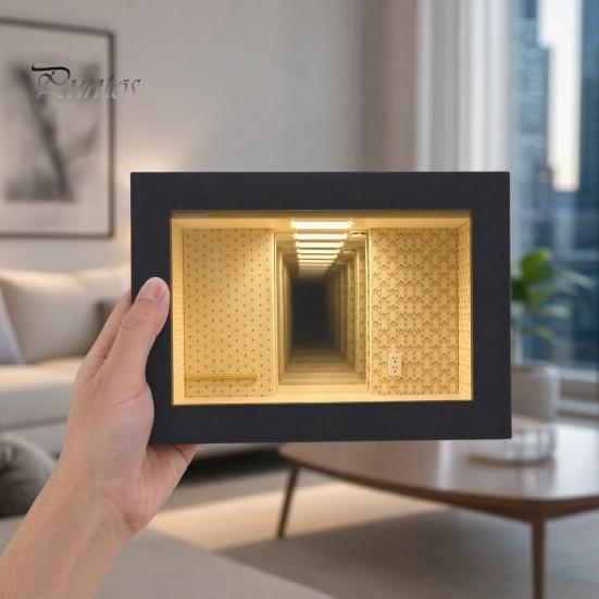 Double-layer Mirror Frame Wooden Backrooms Style Night Light, Infinite Effect Tabletop Lamp, Matte Black Solid Wood Photo Box Dustproof Ambient Light