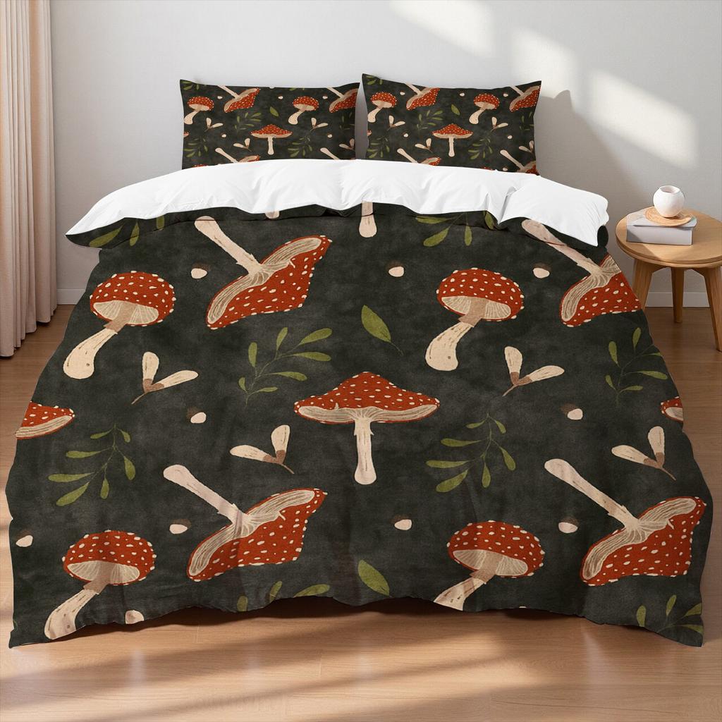 Mushroom Theme Bedding Set Colorful Mushrooms Leaves Butterflies Natural Style Queen Duvet Cover Sheet Pillowcases Home Textile