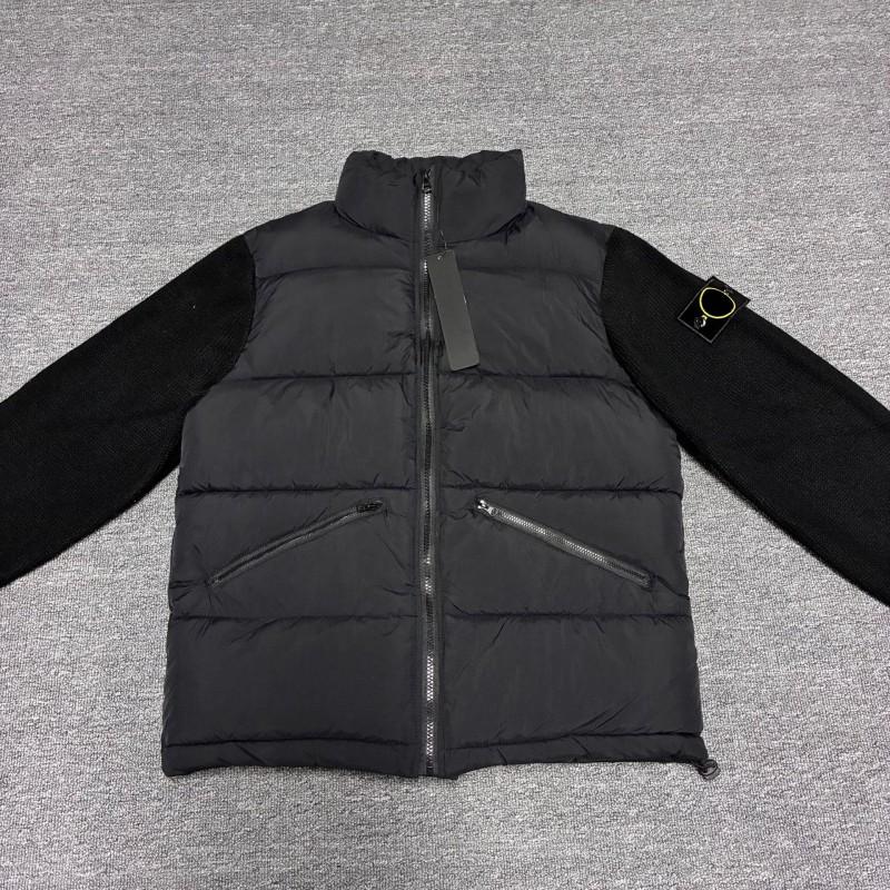 Mens Stand Collar Cotton Puffer Jacket With Knit Sleeve Panel Streetwear Style Zipper Front Loose Fit