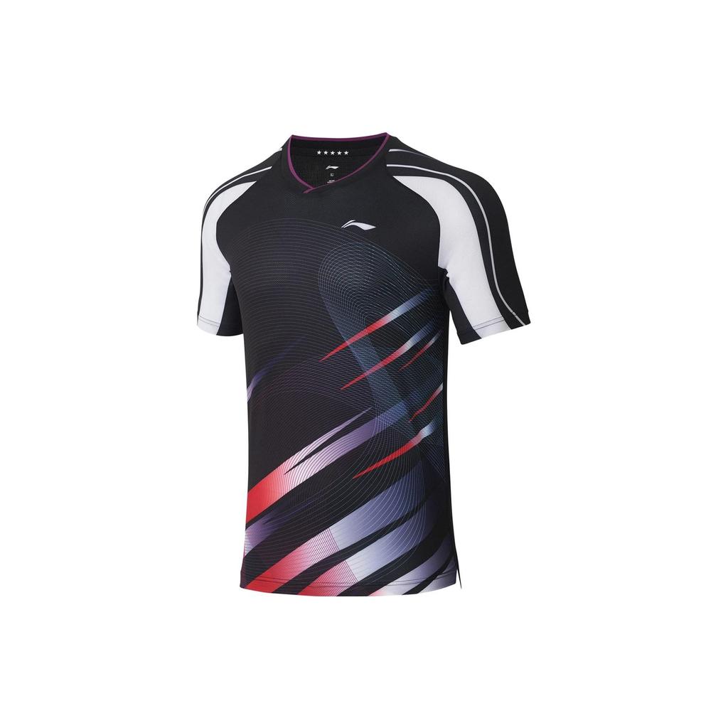 Li Ning Table Tennis Series Striped Print Logo Quick-Dry V-Neck Short Sleeve Regular T-Shirt Men Tops Black AAYS237-3