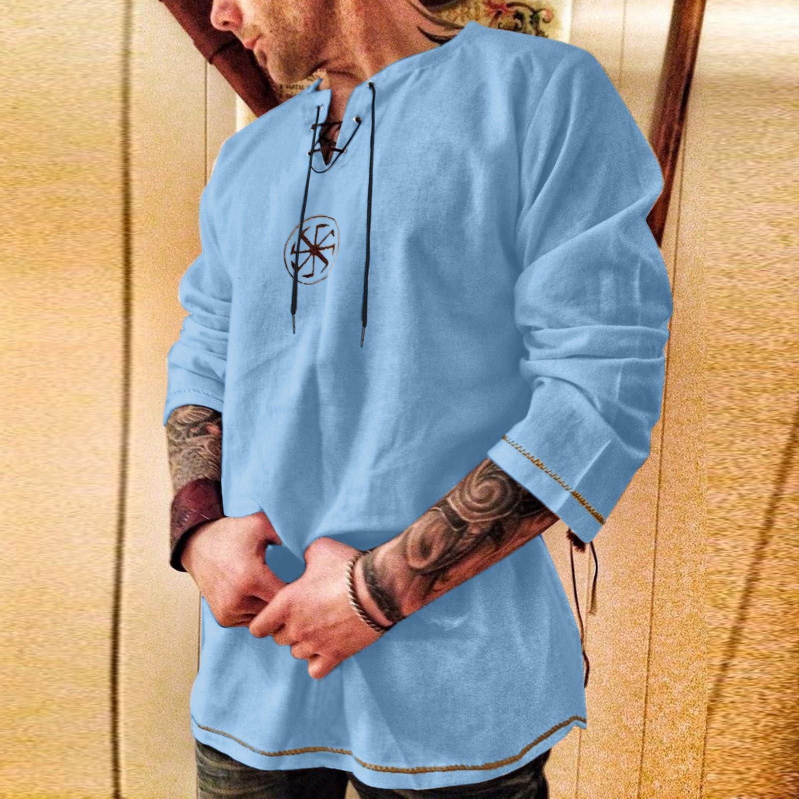 

Мужской повседневный и модный хлопково-льняной однотонный с круглым вырезом и длинными рукавами XL небесно-голубой