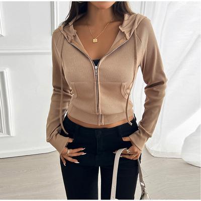 Damen Freizeit Kapuzenpullover mit Kordelzug Slim Reiner Farbe Reißverschlussjacke