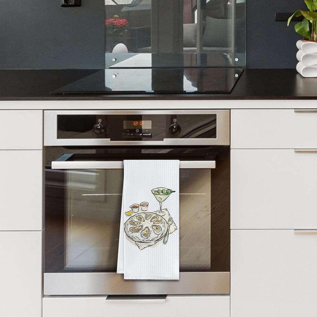 Watercolor Coastal Beach Kitchen Towels, Martini Oyster Seafood Meal Decorative Dish Tea Towels, Nautical Beachy Hand Towels for Kitchen Dining Room