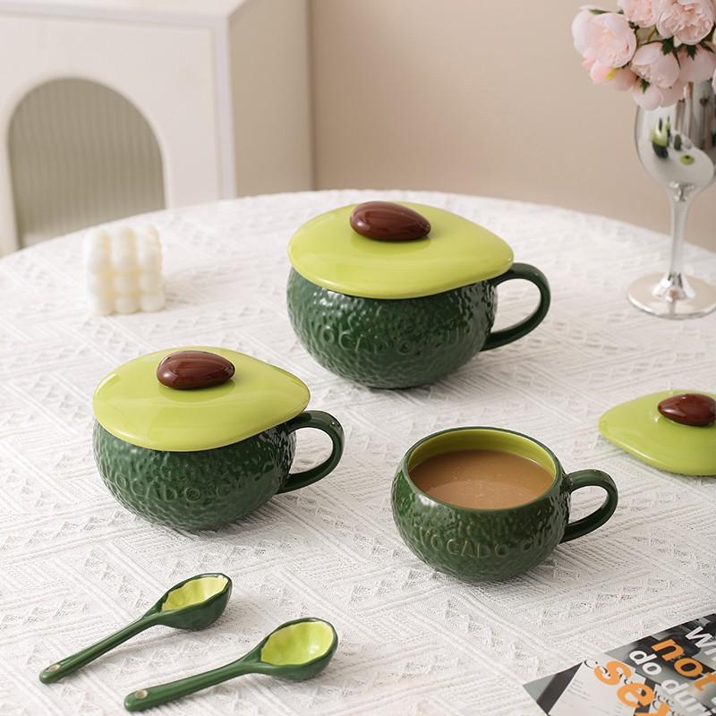 Cartoon Avocado Cup with Lid, Pumpkin Cup, Cute Creative Ceramic Instant Noodle Cup, Oat Cup, Student Water Cup, Mug