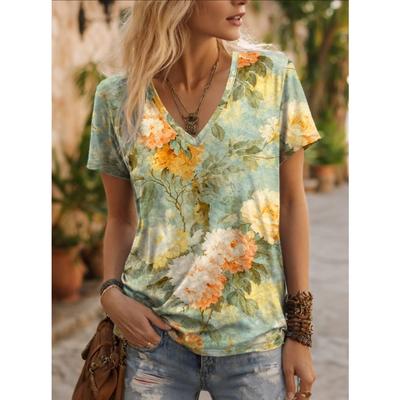 Women Summer T Shirt Flower Pattern Print Short Sleeve Tees Casual Printed Tops