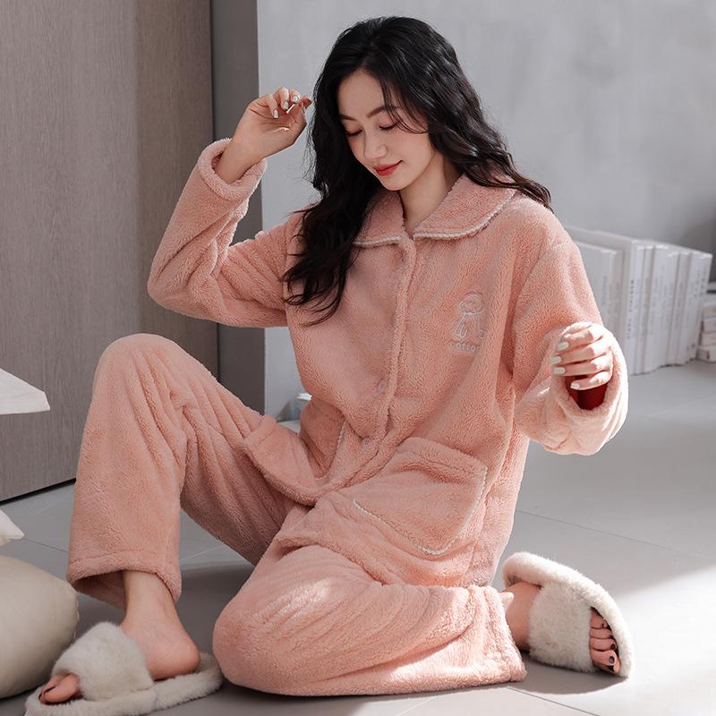 Coral Fleece Pajamas Women'S Autumn And Winter Fleece Thickened Flannel Furry Warm Loungewear Set