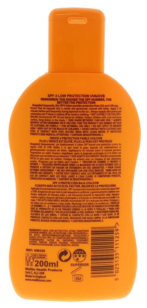 Malibu Protection Lotion SPF4 Tanning & Protective Balm 200ml X2pcs