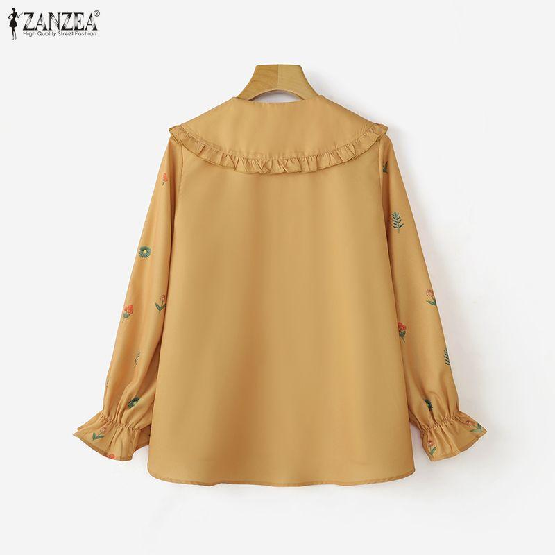 ZANZEA Damen Lässig Puppenkragen Locker Langarm Geblümte Bluse