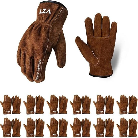 12 Pairs Bulk Leather Work Gloves for Men or Women for Construction, Wood cutting, Driving, Gardening, Automotive Repair Medium (Pack of 12)