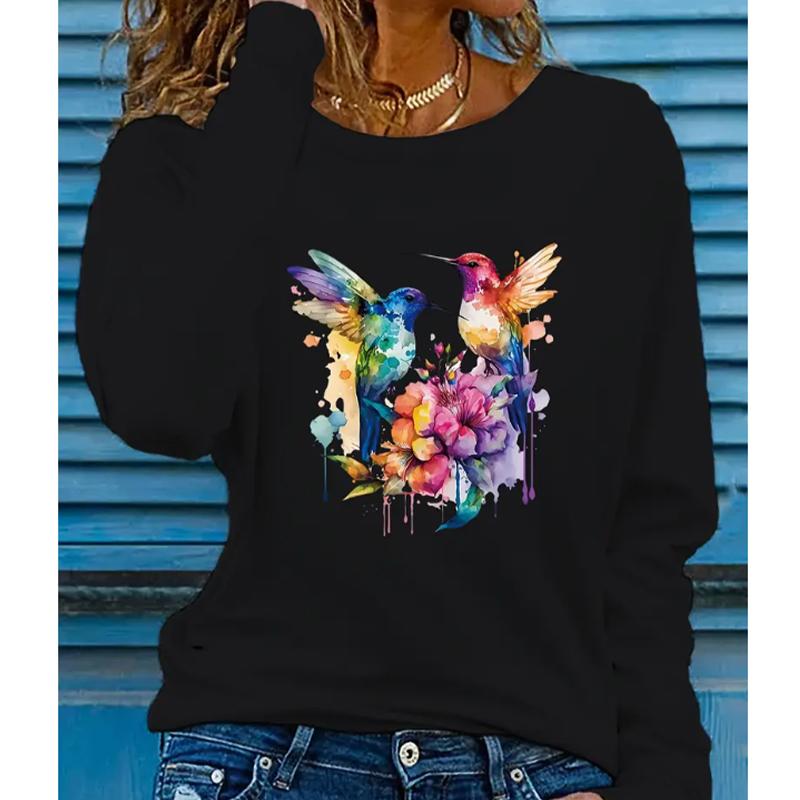 

2025 Autumn & Winter Women s New Casual Crew Neck Long Sleeve Top 3D Bird Pattern XS чёрный