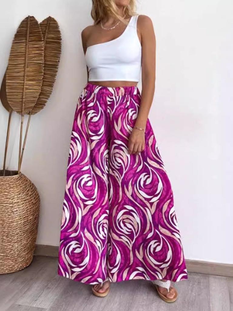 Summer women's loose and casual Bohemian printed wide leg pants with flared pants